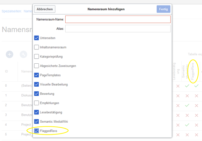 Screenshot: flaggedrevs im Namespace-Manager