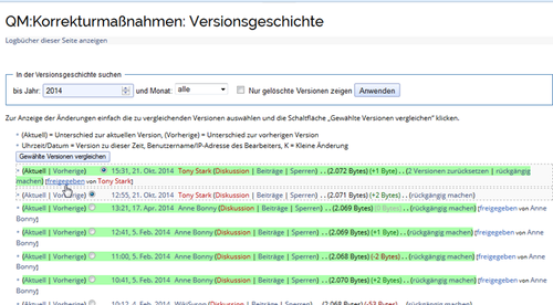 Screenshot: Freigegebene Versionen durch VisualDiff farbig hervorgehoben